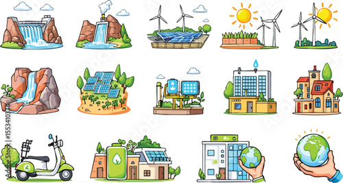 Colorful cartoon illustrations of renewable energy sources and sustainable eco friendly living.