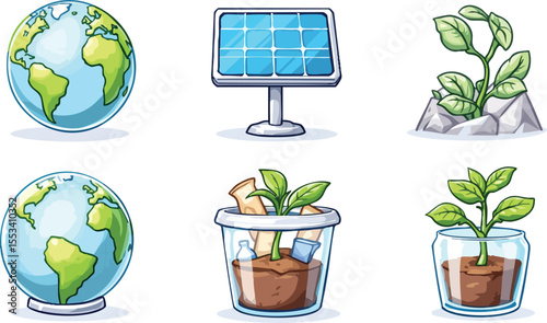 Colorful illustrations depicting environmentally friendly concepts like clean energy and conservation.