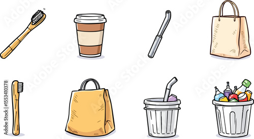 Eco friendly concept illustrated with a reusable coffee cup toothbrush and shopping bag.