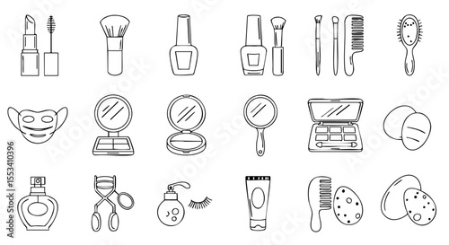 Cosmetic Tools and Makeup Items in Outline Style, 15 Icons