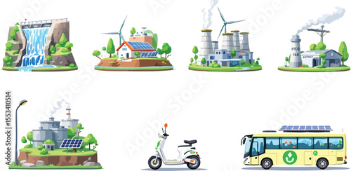 Sustainable energy sources depicted including solar power wind turbines and hydroelectric dams.