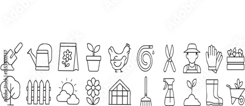 Gardening Line Icons - Thin Vector Agriculture Set (Watering Can, Seedling, Greenhouse) - Organic Farming & Grow-Your-Own Food Pictograms