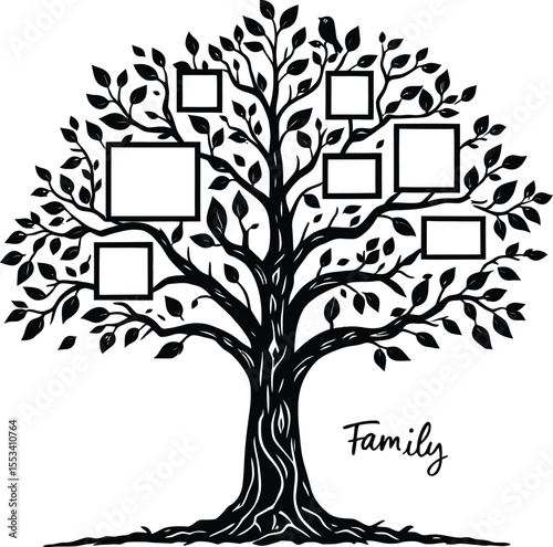 Elegant Family Tree with Photo Frames Vector Art: Ideal for Genealogy, Heritage & Personalization
