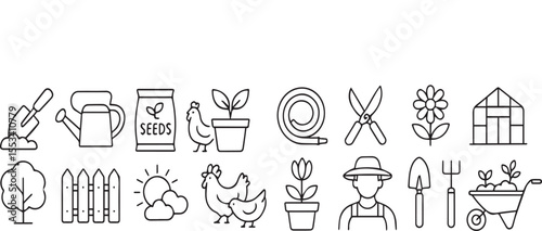 Gardening Line Icons - Thin Vector Agriculture Set (Watering Can, Seedling, Greenhouse) - Organic Farming & Grow-Your-Own Food Pictograms