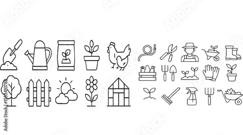 Gardening Line Icons - Thin Vector Agriculture Set (Watering Can, Seedling, Greenhouse) - Organic Farming & Grow-Your-Own Food Pictograms