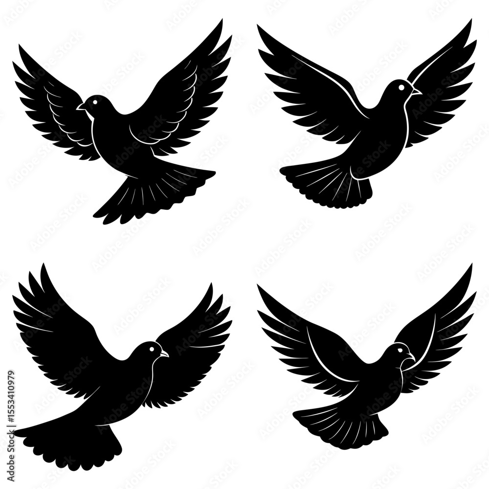 Fototapeta premium Four black doves flying isolated on white background in a simple design