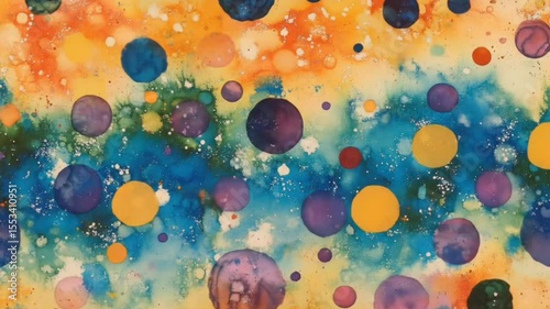 Colorful ink bubbles scattered across multicolor fluid background in abstract animation, seamless looping 4k time-lapse animation video background. Abstract concept