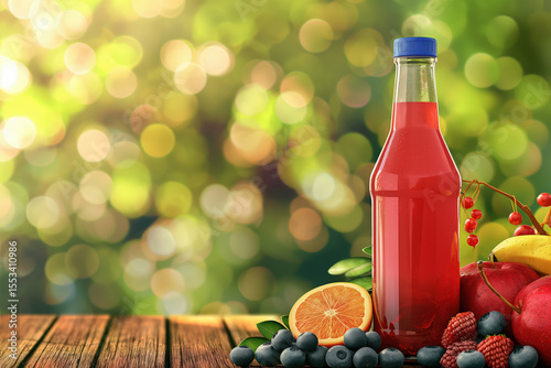 3D illustration of berry blend bottled juice with assorted fresh fruits on wooden table, natural bokeh background.