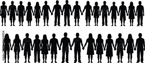Silhouettes of diverse people holding hands in unity, friendship, teamwork, community support, human connection, togetherness concept, group solidarity illustration