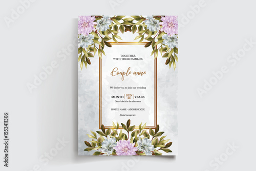 WEDDING INVITATION FRAME WITH FLOWER DECORATIONS AND FRESH LEAVES
