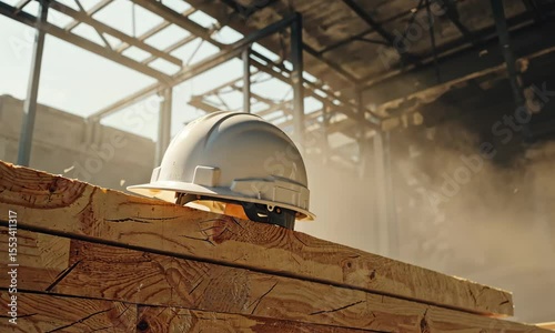 White Hard Hat on Stack of Wooden Planks in Industrial Setting