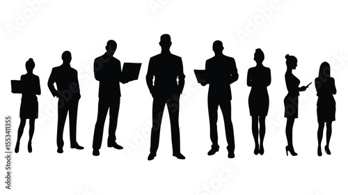 Vector silhouette of a group of business people standing, collaborating, and working with a laptop. Clean flat design, isolated on a white background. Ideal for presentations, office posters, business