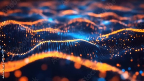 Digital waves of glowing orange and blue particles forming energy stream on dark tech background, seamless looping 4k time-lapse animation video background. Technology concept