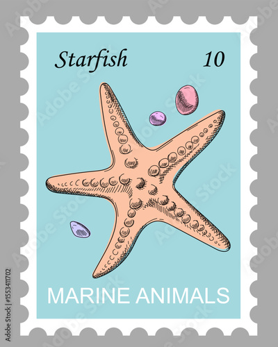 Postage stamp with starfish and pebbles. Beige marine animal on sky blue background. Hand drawn vector. Cartoon. Sketch style.