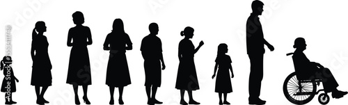 Silhouette of people showing life stages, childhood to old age, aging process, family generations, mobility, growth, health, wheelchair use