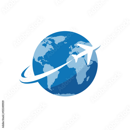 Airplane flying around globe logo