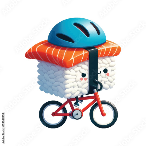  a sushi roll, with a layer of white rice underneath and the signature orange slice of raw salmon  on top.The sushi is wearing a blue helmet on its head, sitting on a red bicycle 