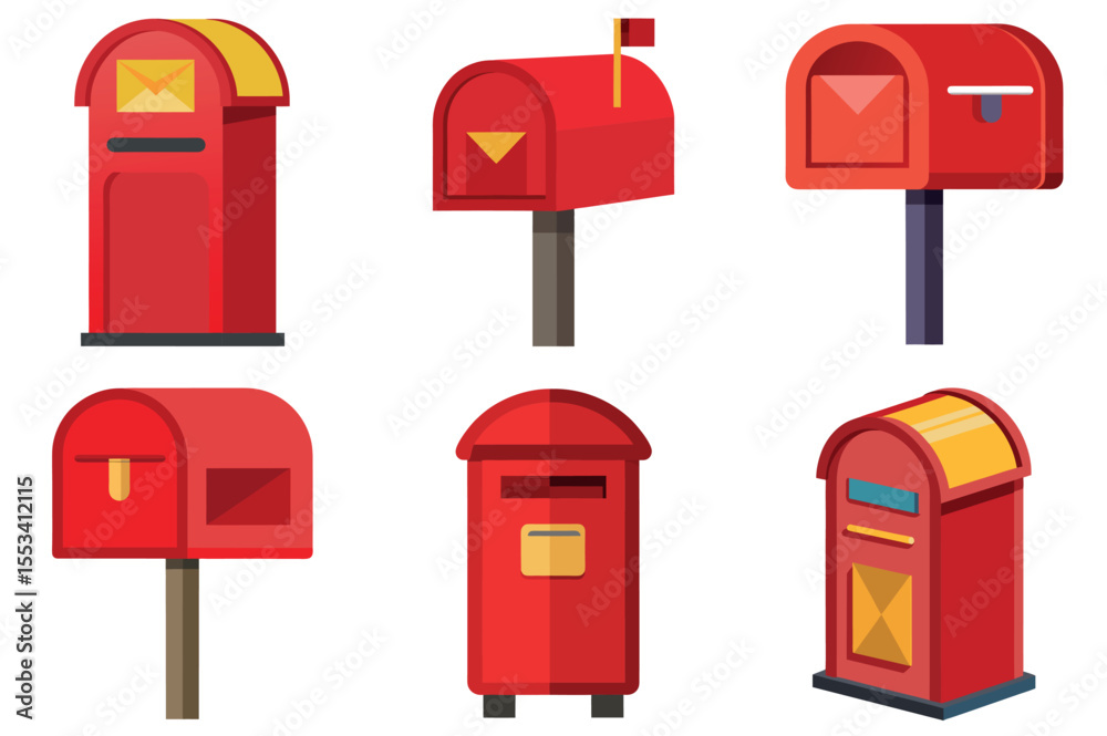 Collection of Six Stylized Red Mailboxes in Various Shapes and Designs vector illustrations Collection of Six Stylized Red Mailboxes in Various Shapes and Designs vector illustrations