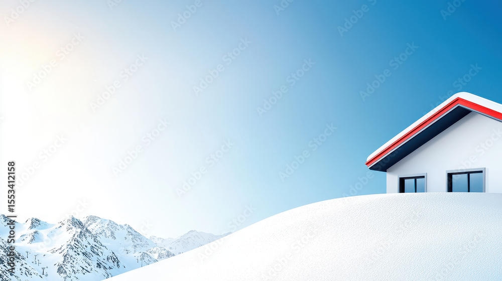 Fototapeta premium Modern house on snowy hill with mountains in background, showcasing serene winter landscape