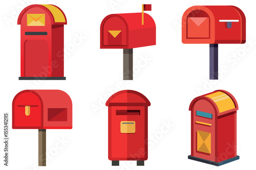 Collection of Six Stylized Red Mailboxes in Various Shapes and Designs vector illustrations