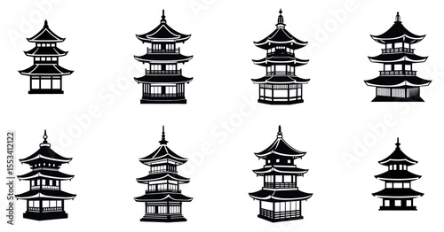 A monochrome collection of stylized pagoda towers in an arranged pattern vector silhouettes