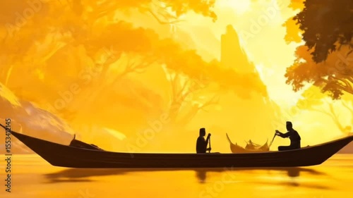 Rowboat gliding on golden river through glowing forest landscape under sunset light, seamless looping 4k time-lapse animation video background. Nature concept