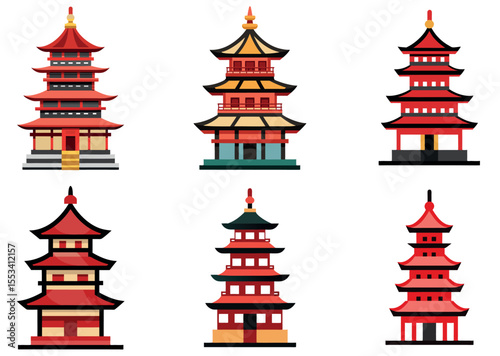 Collection of Six Colorful and Distinct Pagodas vector illustrations on a White Background