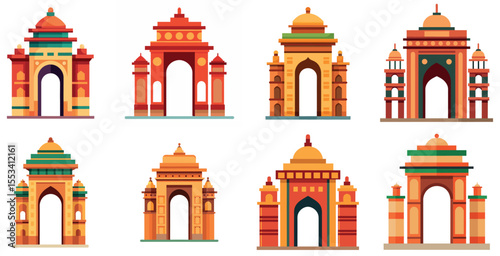 Collection of various stylized arches and gate designs, diverse architectural motifs vector illustrations