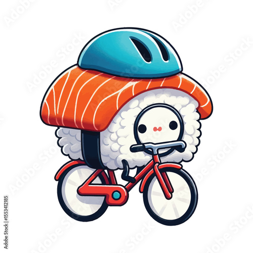  a sushi roll, with a layer of white rice underneath and the signature orange slice of raw salmon  on top.The sushi is wearing a blue helmet on its head, sitting on a red bicycle 