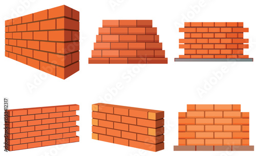 Vector illustration of brick walls with different configurations and perspectives