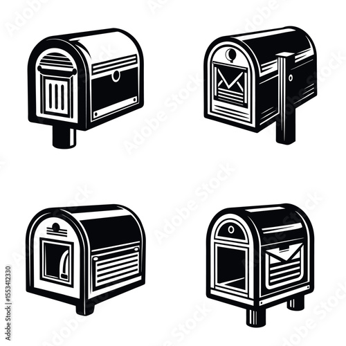 Four variations of black and white stylized mailbox vector silhouettes
