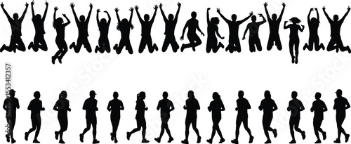 Silhouette of people jumping and running, active lifestyle, exercise, outdoor activity, fitness, youth motion, happiness, health and movement illustration
