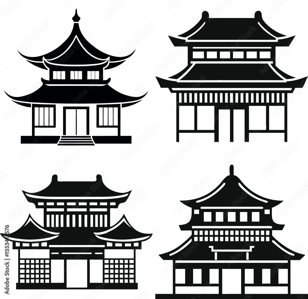 Fototapeta premium Four stylized black and white representations of traditional East Asian buildings vector silhouettes