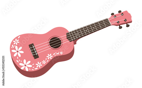 A charming pink ukulele with a delicate white floral pattern, a beautiful four-string acoustic instrument for music lovers, isolated on a clean white background.