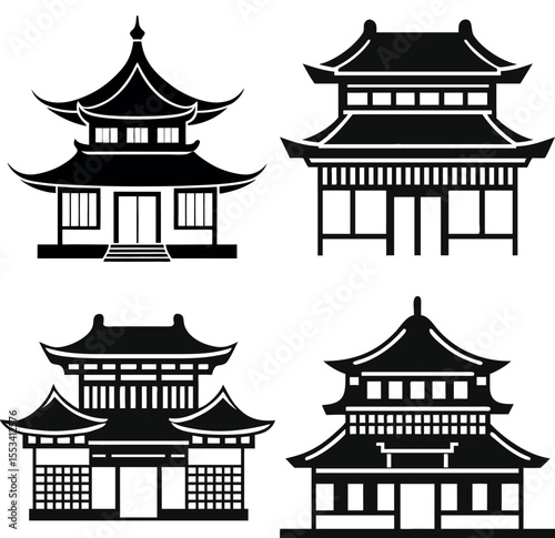 Four stylized black and white representations of traditional East Asian buildings vector silhouettes