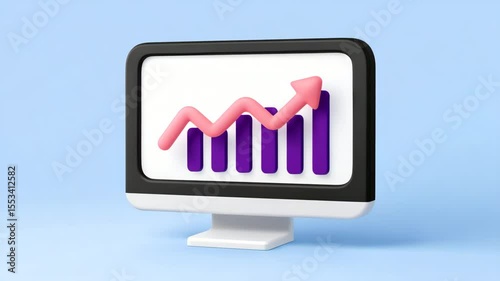 Financial Growth Visualization: A 3D rendering shows a computer screen displaying a rising line graph, symbolizing financial progress, innovation, and economic development.