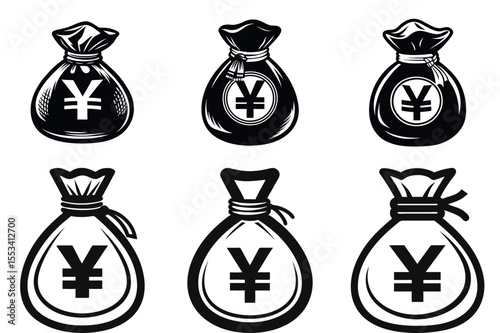 Collection of Six Distinct Yen Money Bags vector silhouettes