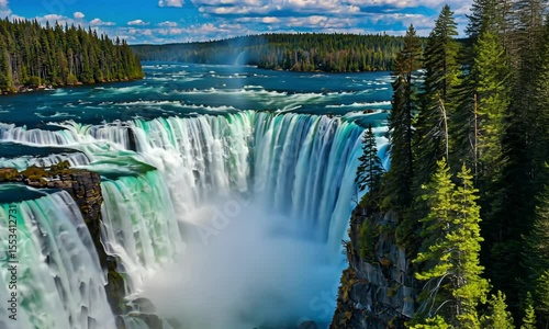 Wide Cascading Waterfall in Lush Green Forest