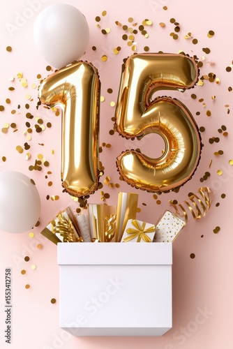 15th Birthday Celebration with Gifts and Gold Balloons on Pink Background