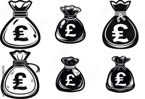 Collection of Black and White Money Bags with British Pound Symbols vector silhouettes