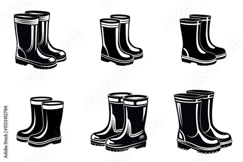 Six pairs of wellington boots isolated vector silhouettes