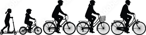 Silhouette of family riding bicycles and scooter, active lifestyle, healthy outdoor activity, generations cycling together, transportation, health, movement, fitness
