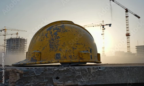 Yellow Hard Hat at Construction Site at Sunrise