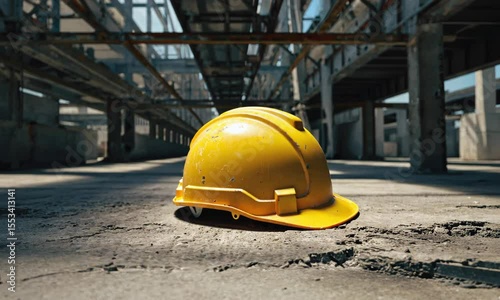 Yellow Hard Hat on Concrete Floor in Large Industrial Building
