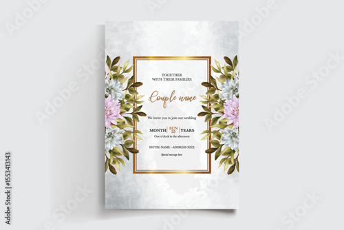 WEDDING INVITATION FRAME WITH FLOWER DECORATIONS AND FRESH LEAVES