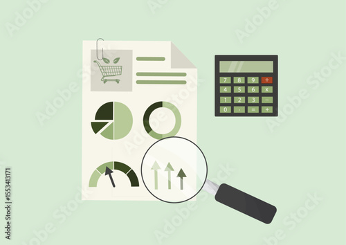 Business analytics and financial reporting concept with charts. Commerce data analysis and performance evaluation. Sustainable procurement. Flat style. Corporate business. Vector illustration