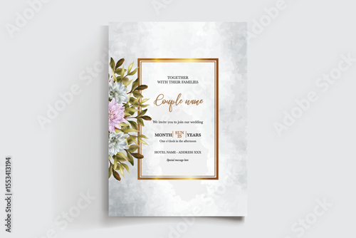 WEDDING INVITATION FRAME WITH FLOWER DECORATIONS AND FRESH LEAVES