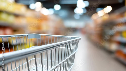 Supermarket Shopping: Capturing the vibrant atmosphere of a modern supermarket, with a focus on the shopping cart, leading the viewer through a maze of products.