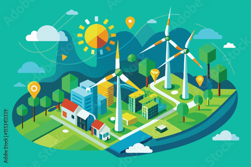 Isometric vector illustration of an urban city map with buildings, houses, and trees along the streets