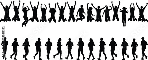 Jumping and running people silhouette, youth energy, fitness exercise, happy movement, active lifestyle, health, freedom, teamwork, joy, motivation